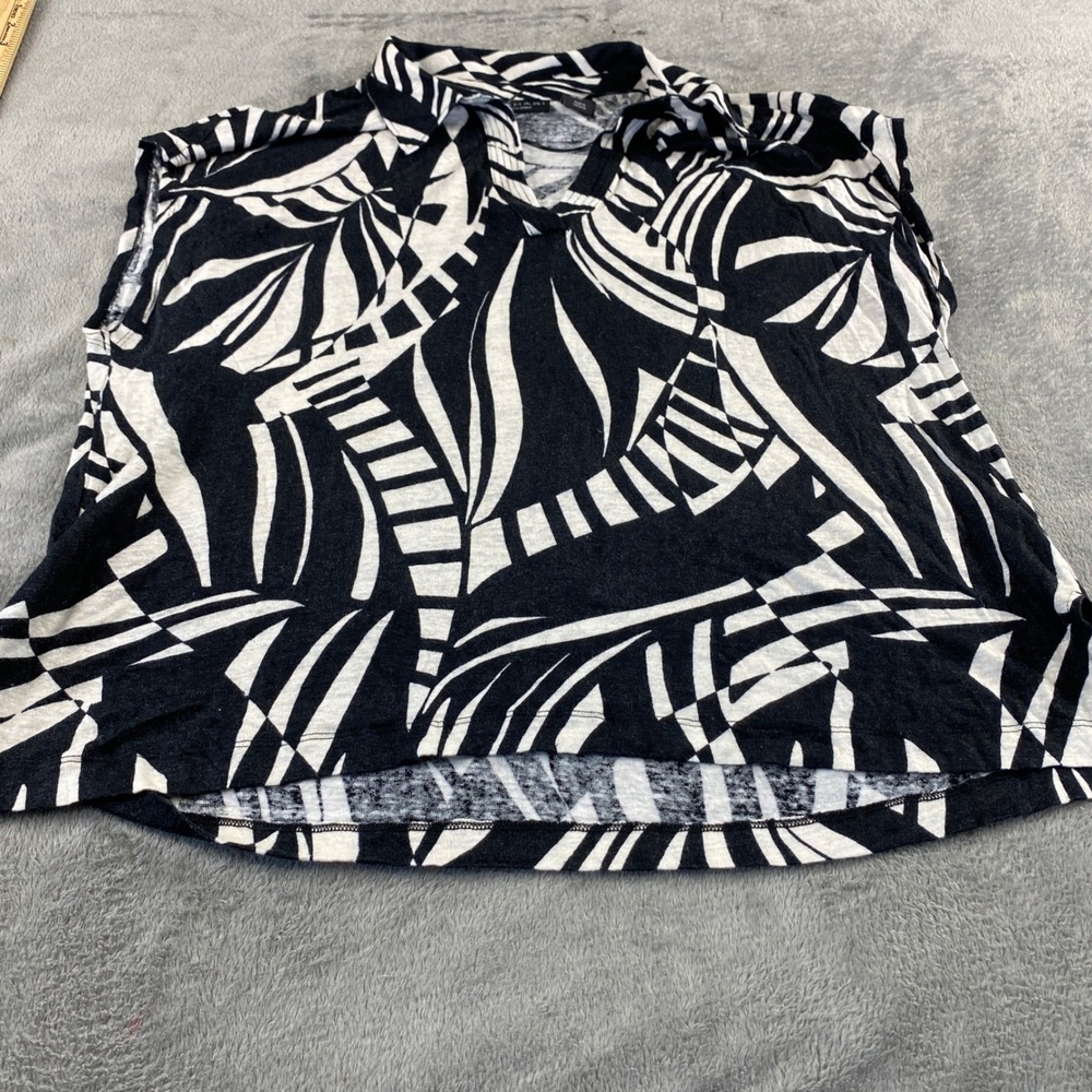 Tahari Top Womens XXL Black White 100% Linen Abstract Palm Split Neck Sleeveless